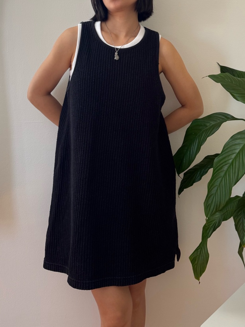 Moda International 100% Cotton Cable Knit Sleeveless Black Dress Size Large